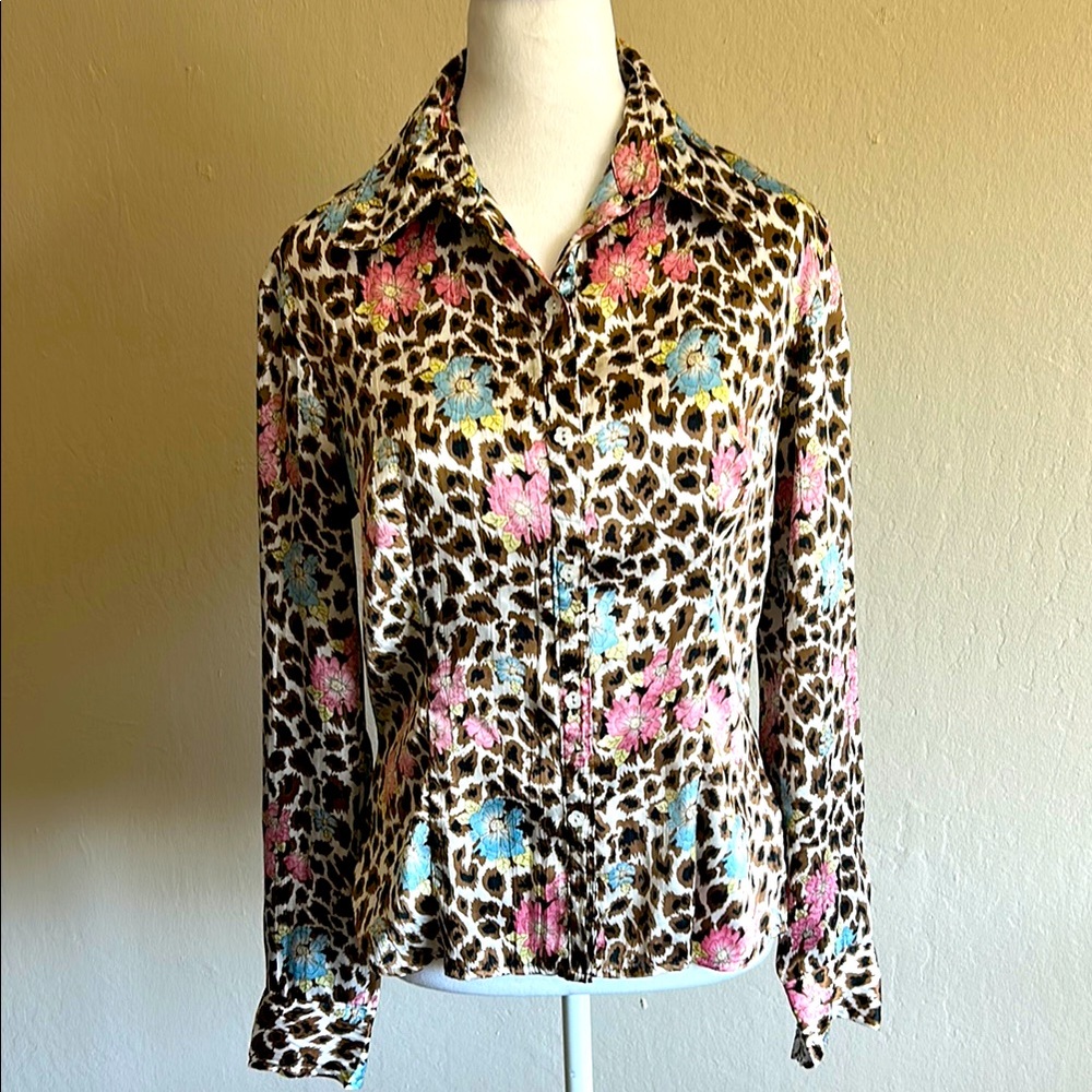 Fun Y2K Nicole Miller Satin Floral Leopard Print Button Down Blouse